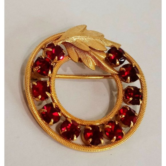DCE Round Leaves Red Stones Gold Tone 1/20 14 KT GF Vintage Brooch Pin 1" - Picture 6 of 9